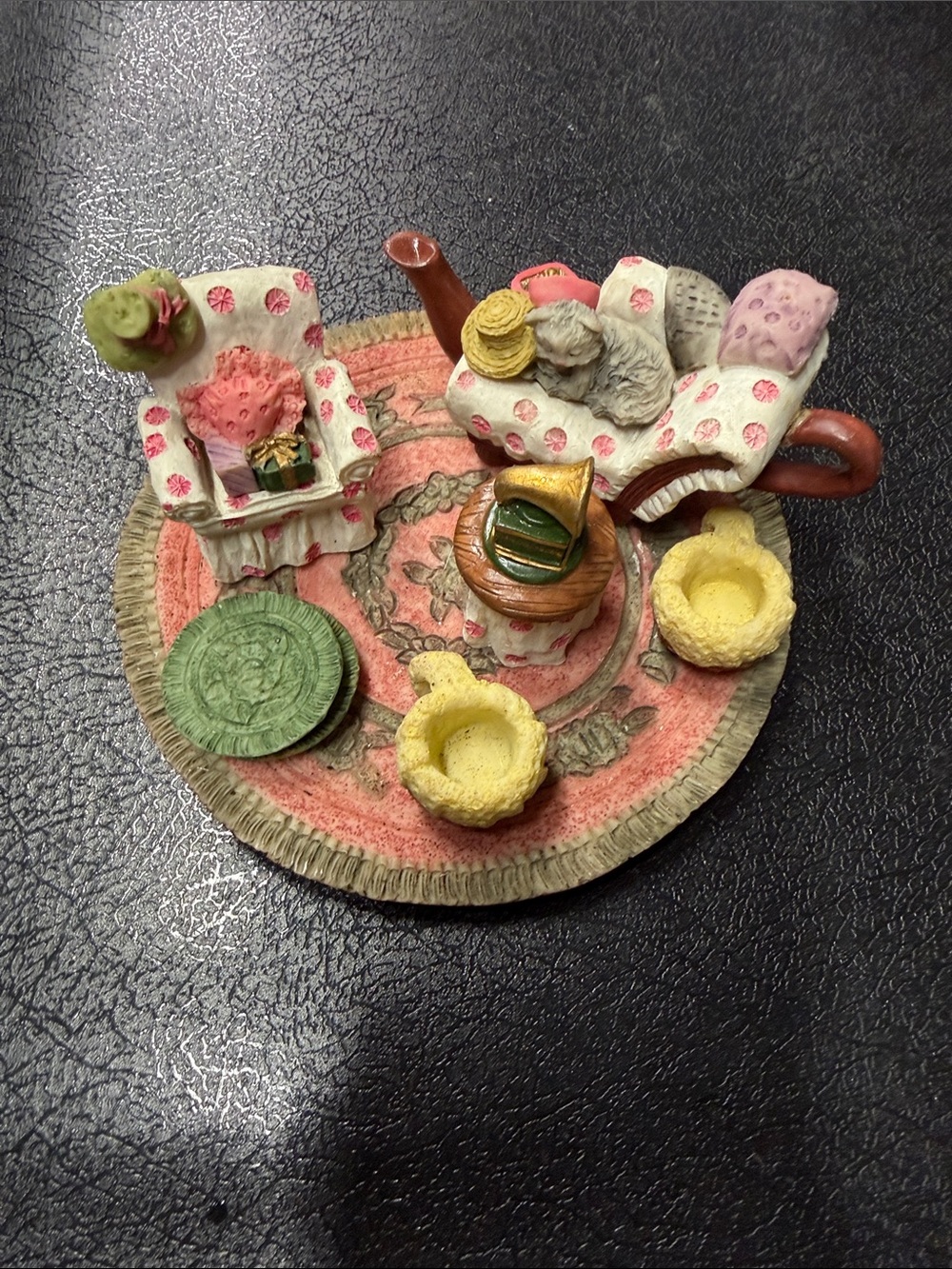 Miniature Tea Set Figurine with Floral Chairs and Tray - Pink, Yellow, Green